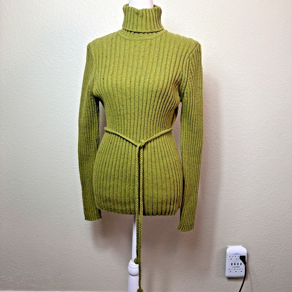 Pria Vintage Ribbed Pullover Large Olive Lime Green Tie Waist Cable Sweater 1990
